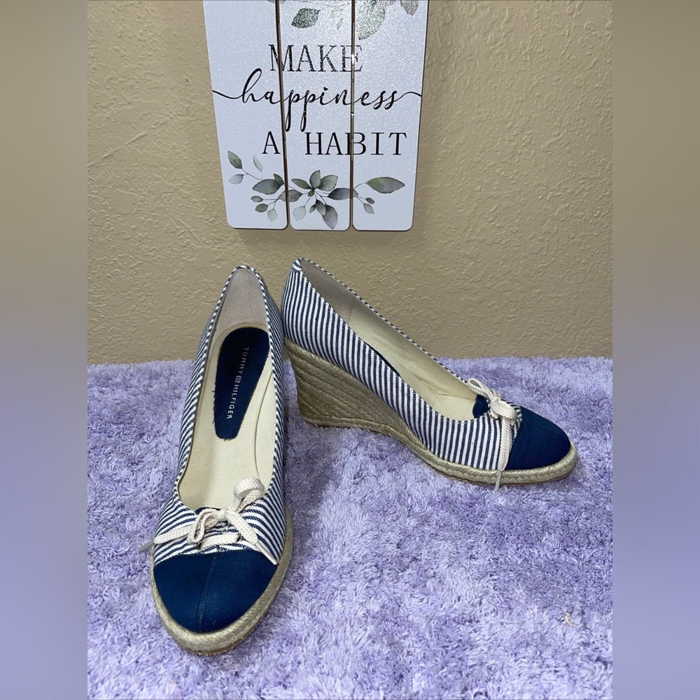 Tommy Hilfiger Espadrille Wedge Heel “TRINA” Nautical Blue & White Stripe Size 8